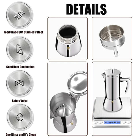 12 Cup Thickened 304 Stainless Steel Moka Pot Stovetop Espresso Maker For Induction Kickass Cafeteras Italian Percolator Mocha Coffee Machine 600ml 20oz Durable Handle details view