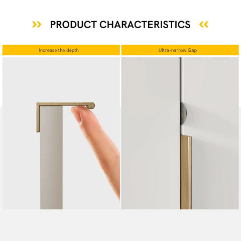 Close-up of Champagne Bronze Cabinet Pulls 3 Inch Finger Pulls demonstrating depth increase and ultra-narrow gap features.