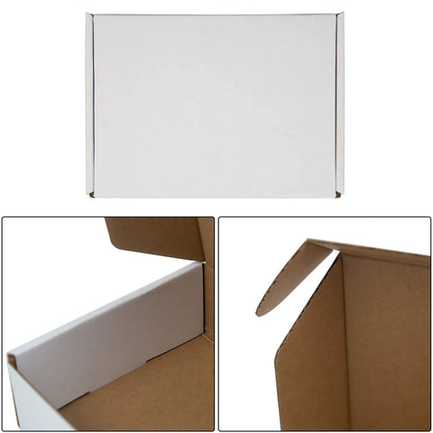 Self Locking White Corrugated Shipping Boxes Pack Of 25 Easy Fold Mailers For Small Business lightweight sturdy cardboard pack with open flaps.