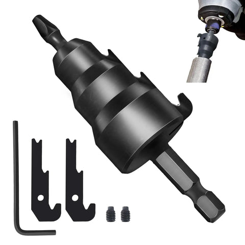 Power Conduit Reamer Tool Kit Beefy Pro Grade With Universal Fit showing drill bit, replacement blades, and hex key.