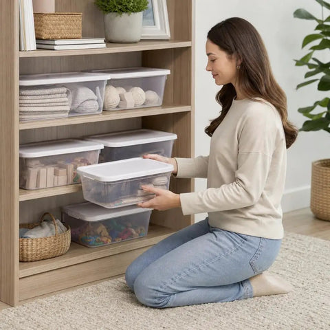 Woman organizing with Clear Plastic Storage Bins 6 Quart With White Snap On Lids Stackable Set Of Ten on a shelf.