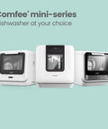 Three Comfee' mini-series countertop dishwashers in white, showcasing different designs and sizes, highlighting portability.