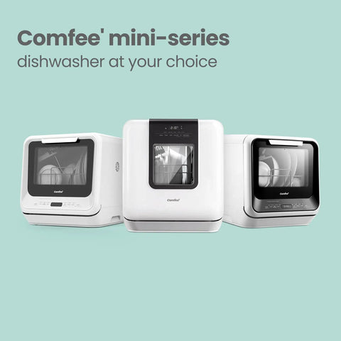 Three Comfee' mini-series countertop dishwashers in white, showcasing different designs and sizes, highlighting portability.
