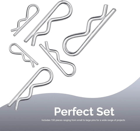 Cotter Pin Assortment Kit 150 Piece Zinc Plated Steel Clips Hair Pin R Clips Set For Hitch Pin Lock Systems displayed on white background