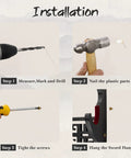 Installation guide for Taichi Sword Wall Mount With Velvet Padding Katana Holder, showing drill, hammer, screw, and hanger steps.