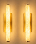 Top Shelf Alabaster Wall Sconces Set of 2, 24 Inch Spanish Marble Lights, 3 Color Changing Brass Gold Hardwired LED Wall Fixtures. Close-up view.