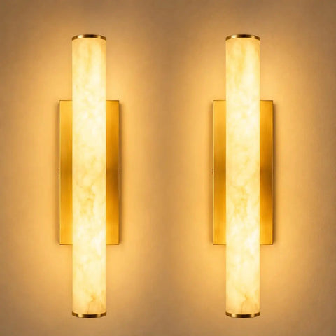 Top Shelf Alabaster Wall Sconces Set of 2, 24 Inch Spanish Marble Lights, 3 Color Changing Brass Gold Hardwired LED Wall Fixtures.