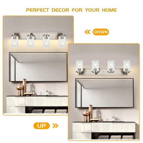 4 Light Brushed Nickel Bathroom Vanity Light Fixture With Seeded Glass Wall Sconce above bathroom mirror in modern setting