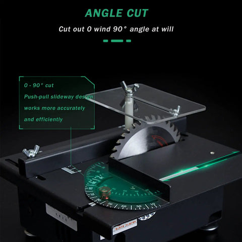 Badass Mini Table Saw That Gonna Deliver Smooth Adjustable Cuts Right Up To Ninety Degrees, showcasing angle cut feature and push-pull design.