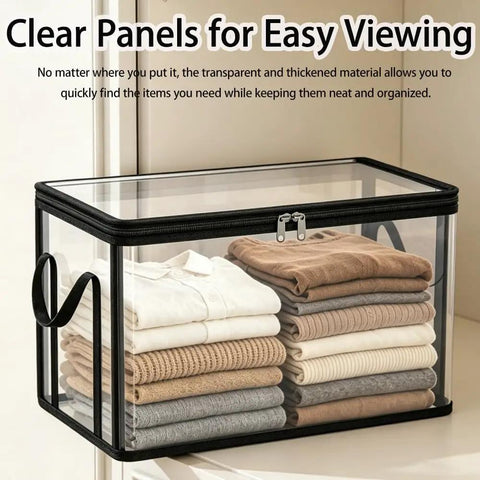 Built Like A Tank Large Clear Plastic Storage Bin With Heavy Duty Foldable Frame Reinforced Handles And A Secure Zippered Lid containing neatly folded clothes.