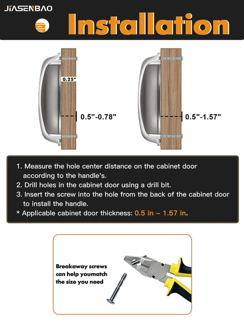 Brushed Nickel Cabinet Cup Pulls 3 Inch Center Hole 5 Pack installation guide with measurements and breakaway screws