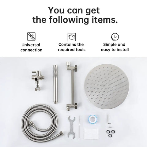 All Metal Dual Shower Head Kit With Rainfall Shower Head And Handheld Wand components, including hose, diverter, brushed nickel finish