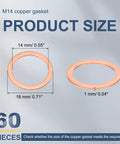 60Pcs M14 Flat Copper Washers Hardcore Metric Sealing Crush Rings For Hydraulic Fittings Auto Marine Oil Pan Plugs Badass Vibration Proof No Sweat Leak Fix, showing product size and measurements.