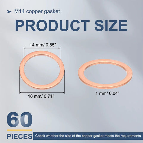 60Pcs M14 Flat Copper Washers Hardcore Metric Sealing Crush Rings For Hydraulic Fittings Auto Marine Oil Pan Plugs Badass Vibration Proof No Sweat Leak Fix, showing product size and measurements.