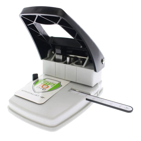 Three In One ID Card Hole Punch Tool for name badges with round hole, slot hole, and corner punches, featuring an adjustable centering guide.