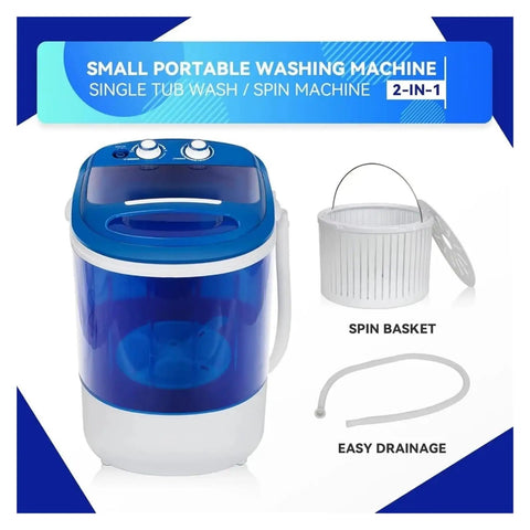 Portable Mini Washing Machine Semi Automatic Compact Washer Spinner Space Saving Laundry Appliance with spin basket and drainage.