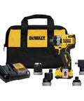 Rock Solid 12V Max Brushless Cordless Five In One Drill Driver Kit featuring dual speed transmission, charger, and quick swap attachments.