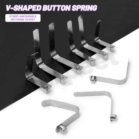 21 Piece Stainless Steel V Shaped Push Button Spring Clips Set In 7 Sizes for various gear, displayed on a black surface