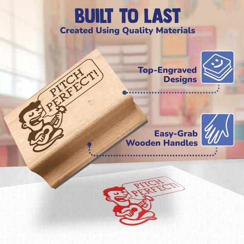 Slick Music Teacher Grading Stamps With Bold Red And Black Ink Pads And Convenient Refill Pack For Quick Classroom Feedback That Is A Total Class Saver And Major Game Changer, wooden handle stamp with 'PITCH PERFECT!' engraving.