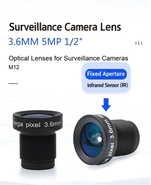 Built Tough 3.6mm 5MP Fixed Focus M12 Board Lens Offering Killer 160 Degree Wide Angle Coverage For IP Security Cameras And Industrial Surveillance Systems, showing two angles of the lens.