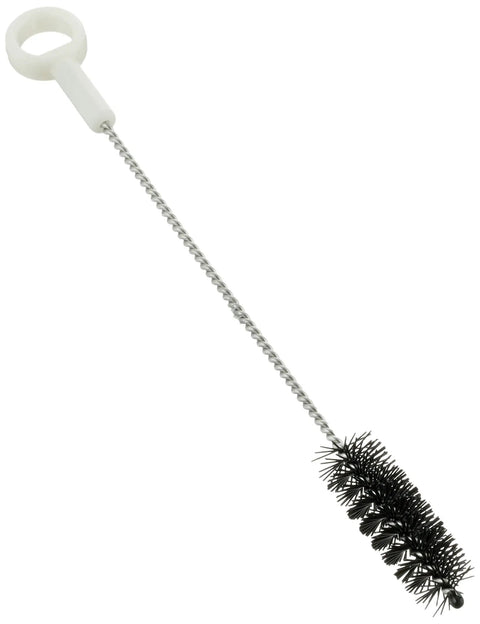 Long-handled cleaning brush with black bristles and white plastic loop handle for cleaning narrow spaces and tubes.