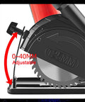 Detail of 125mm blade in angle grinder holder, adjustable 0-40mm depth, black stand with 45 degree mount and shield cover.