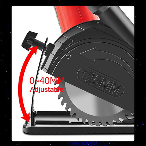 Detail of 125mm blade in angle grinder holder, adjustable 0-40mm depth, black stand with 45 degree mount and shield cover.