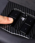 Finger pressing button on carbon fiber interior window switch panel cover, Tesla Model 3/Y, ABS plastic, sporty luxury vibe
