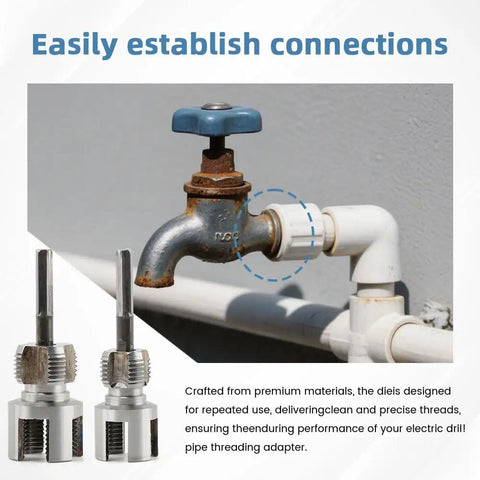 3 In 1 Pipe Threader Kit With Internal And External Threading Screw Extractor And Sealant Tape For One Half Inch And Three Quarter Inch PVC Pipes Electric Drill Compatible Plumbing DIY Tool For Home Improvement showing thread adaptors and pipe connection
