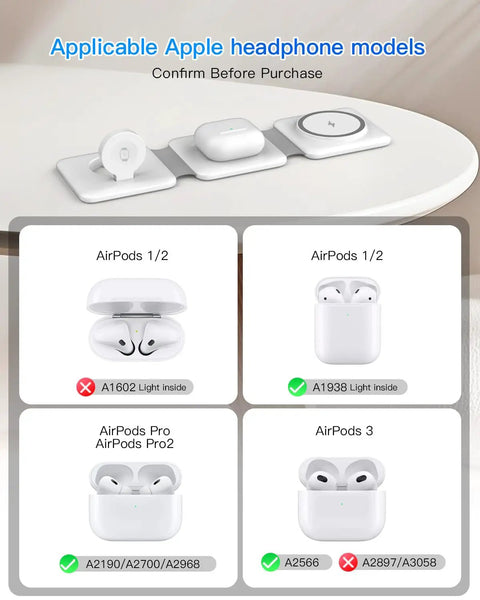 Dope 3 In 1 Foldable Magnetic Wireless Charger Dock for iPhone, Watch, and AirPods with compatibility details.