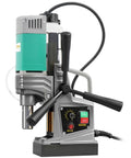 Portable Magnetic Drill Press With 2923 Lbs Electromagnetic Base, Variable Speed Motor For Steel And Metal Fabrication Jobs, 1-9/16 Inch Boring Diameter Core Drill Machine For Heavy Duty Industrial Use, side view showing controls and motor.