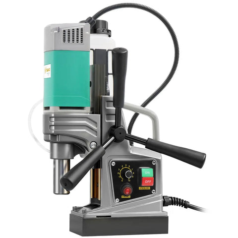 Portable Magnetic Drill Press With 2923 Lbs Electromagnetic Base, Variable Speed Motor For Steel And Metal Fabrication Jobs, 1-9/16 Inch Boring Diameter Core Drill Machine For Heavy Duty Industrial Use, side view showing controls and motor.