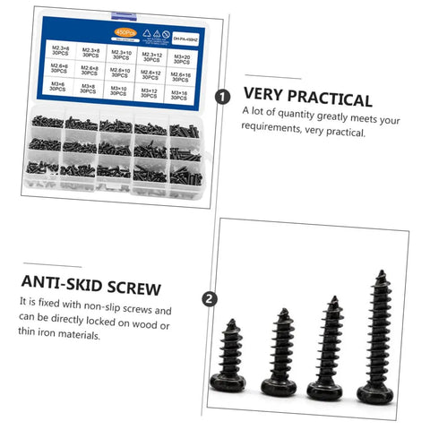 Multi Purpose Self Tapping Screws Set In A Handy Box Cross Head Carbon Steel with close-up of screws and packaging