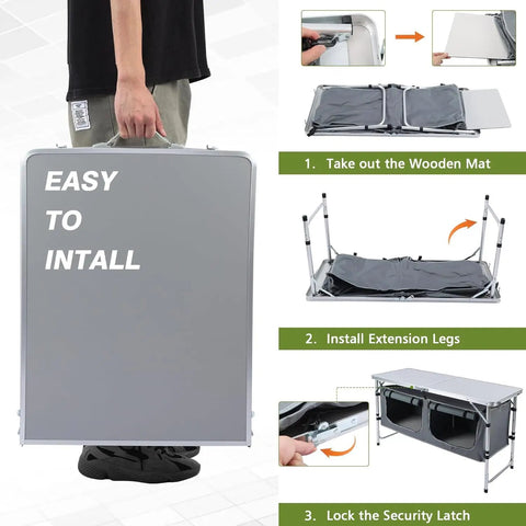Step-by-step setup of Foldable Camping Table With Storage, Ultra Portable Kitchen Table, showing the lightweight design and easy installation.