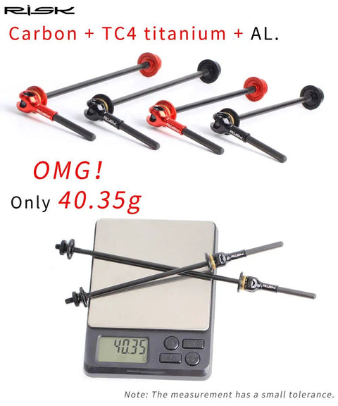 Ultralight Titanium Quick Release Skewer Set For Carbon Fiber Road And MTB Wheels, 40.35g Each, shown on a scale