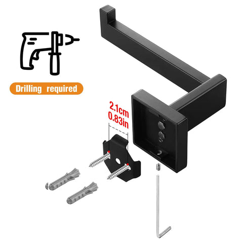 Matte Black Wall Mounted Toilet Paper Holder Premium 304 Stainless Steel Square shown with mounting hardware and dimensions
