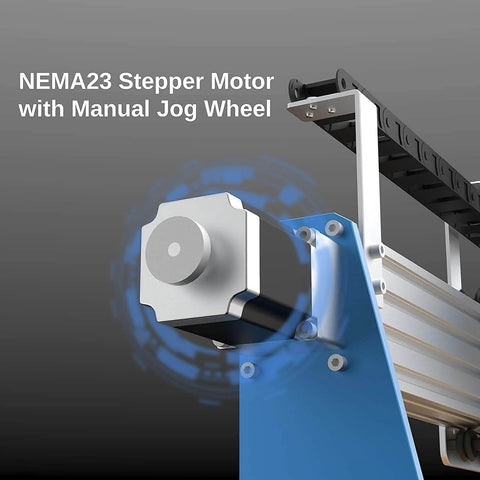 Close-up of NEMA23 stepper motor on ProVerXL 4030 CNC Router For Wood Metal Acrylic MDF Carving And Engraving 3 Axis Milling Machine A Beast With A 400 By 300 By 110 Mm Working Area Easy Setup With Preassembled XYZ Axis And Wires Includes Three Month Carveco Maker Subscription.