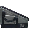 Side view of Heavy Duty Framer Nail Gun Tool Bag With Extra Pockets, 22 Inch Long By 16 Inch Wide By 8 Inch Tall, Built From Rugged 600D Polyester Oxford Fabric, Washable, Metal Reinforcement Opening, Wide Mouth Zipper, Adjustable Shoulder Strap, Bottom Reinforced.