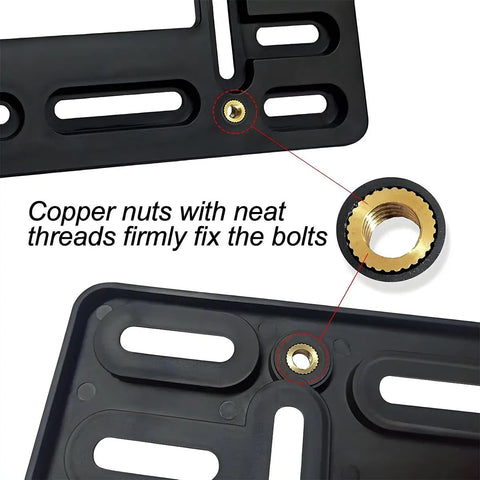 Universal Front License Plate Bracket For SUV And Truck, detail of copper nuts in heavy duty plastic surround