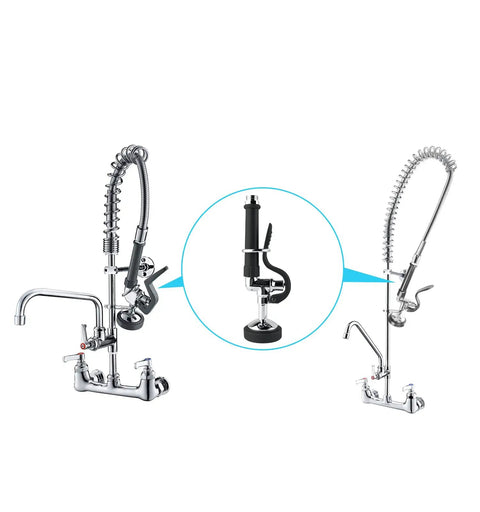 Commercial Sink Sprayer With Handle Grip Assembly, 1.42 GPM High Pressure Pre Rinse Valve Replacement Kit shown with faucets, polished chrome finish