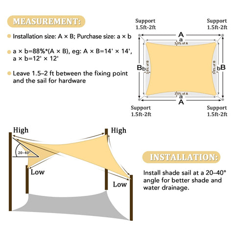 Diagram of 8x10 Sand Shade Sail Canopy installation with measurements and angles for optimal UV protection and water drainage.