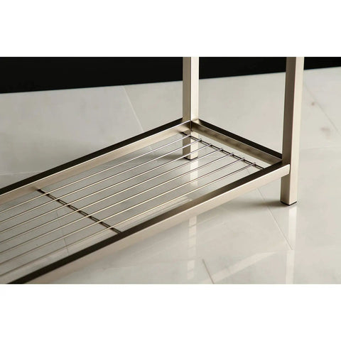 Close-up of bottom shelf on Edenscape Freestanding Towel Rack Brushed Nickel With Super Sturdy Solid Steel Construction Three 24 Inch Bars Generous Bottom Storage And Corrosion Resistant Finish For A Modern Bathroom