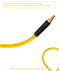 Heavy Duty 3/8 Inch By 25 Ft Hybrid Air Compressor Hose With Kink Resistant Build And Solid Brass Male Fittings For Dead Simple Hook Up And Hella Reliable Shop Performance with brass quick plug and bend restrictor.