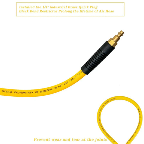 Heavy Duty 3/8 Inch By 25 Ft Hybrid Air Compressor Hose With Kink Resistant Build And Solid Brass Male Fittings For Dead Simple Hook Up And Hella Reliable Shop Performance with brass quick plug and bend restrictor.