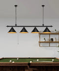59 Inch Billiard Pool Table Light With Pull Chain Pendant Fixture, Three Matte Black Shades, above pool table in room