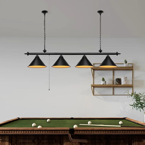 59 Inch Billiard Pool Table Light With Pull Chain Pendant Fixture, Three Matte Black Shades, above pool table in room