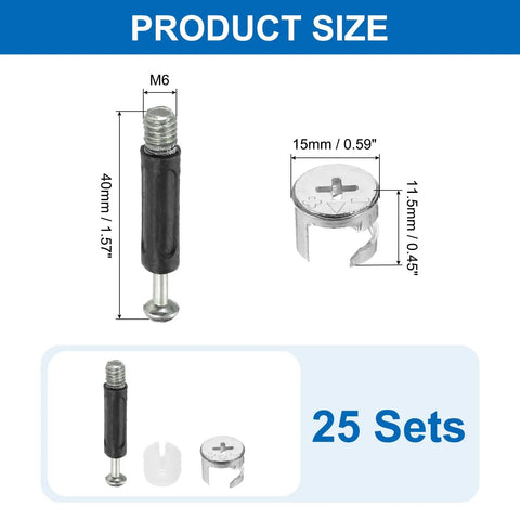 Pro Grade Furniture Connector Kit With Cam Lock Fittings And Cabinet Hardware Set Nickel Plated Zinc Alloy wood joinery parts 25 sets and sizes shown.