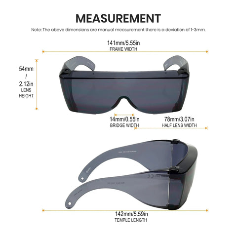 Fitover Safety Glasses With Uni Lens Smoke Wraparound Eye Protection No Fog Scratch Resistant, measurements shown