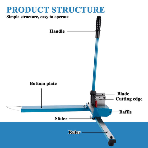 Diagram of Manual DIN Rail Cutter with Double Groove and 50 CM Scale showing handle, blade, cutting edge, and ruler.