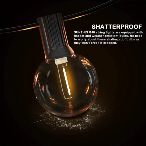 Close-up of lit G40 shatterproof bulb from Outdoor String Lights 48Ft With 25 G40 Shatterproof LED Bulbs Waterproof Hanging Lights For Backyard Porch Deck Garden Party One Spare Bulb Dimmable With Dimmer Or Smart Control, showing durability.